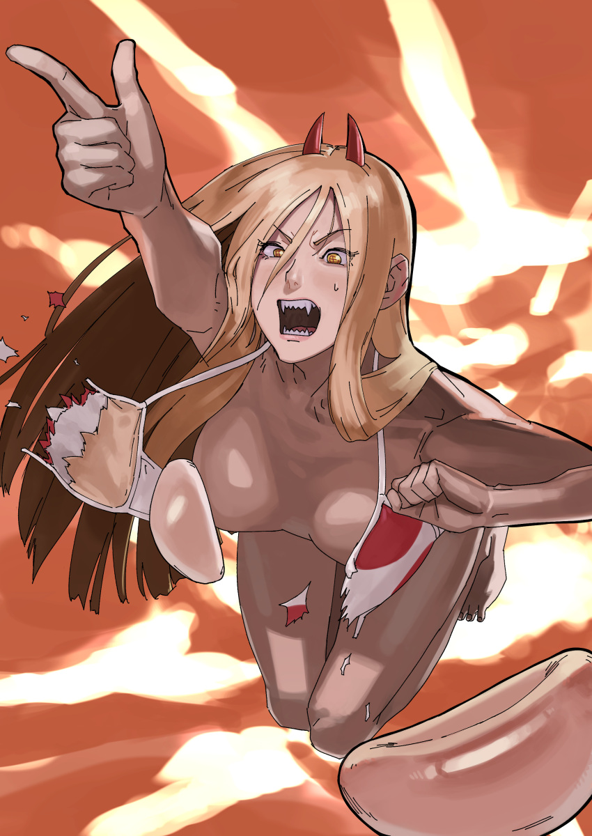 1girl absurdres bangs barefoot bikini blonde_hair breast_padding breasts breasts_apart chainsaw_man convenient_censoring demon_horns fangs hair_between_eyes highres horns index_finger_raised long_hair medium_breasts mokottsu power_(chainsaw_man) red_bikini red_horns solo swimsuit teardrop teeth torn_bikini torn_clothes two-tone_bikini white_bikini