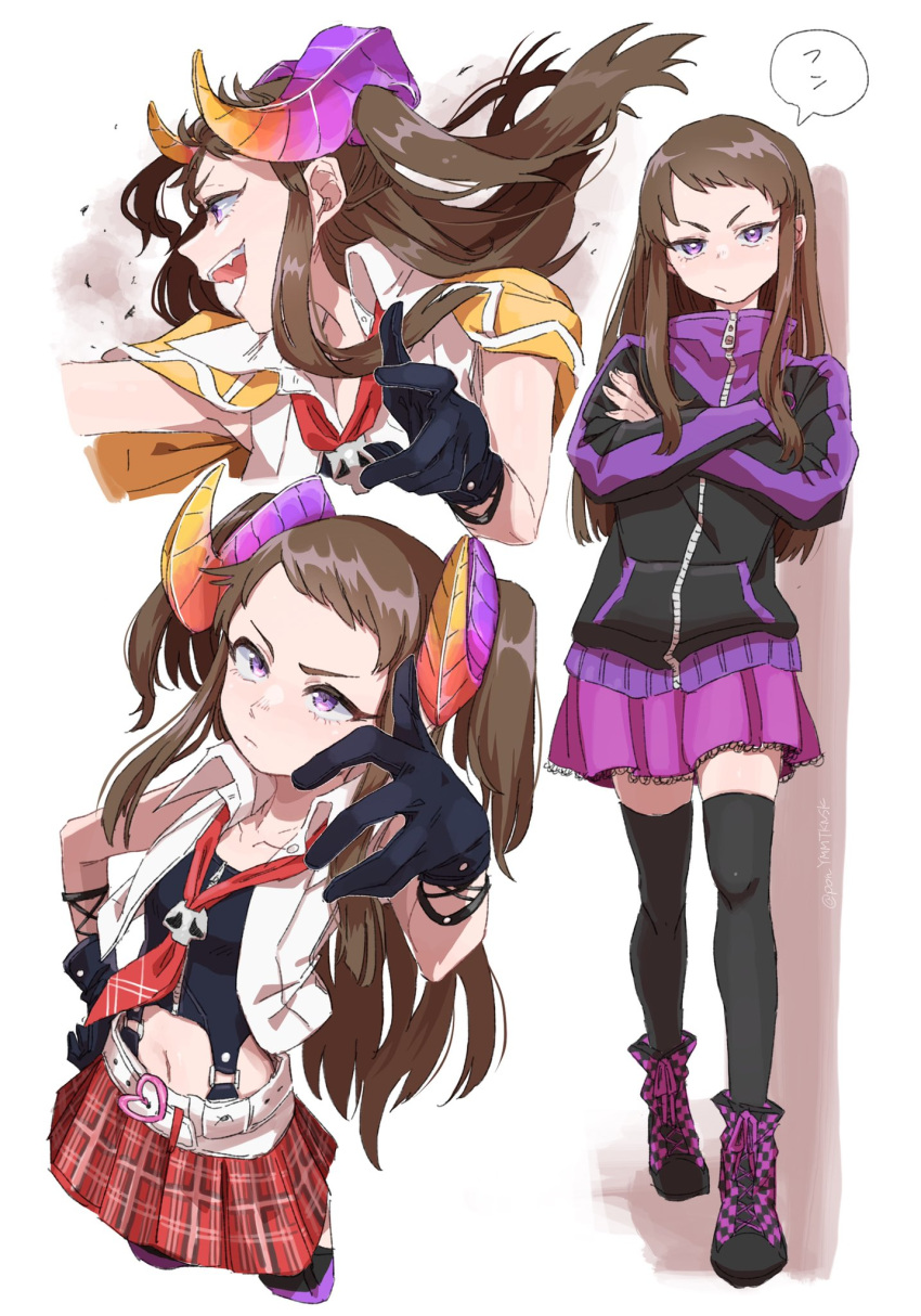 1girl black_gloves brown_hair demon_horns fang gloves highres horns idolmaster idolmaster_cinderella_girls koseki_reina long_hair midriff navel plaid plaid_skirt pon_(ponymmtknsk) purple_eyes sidelocks skirt thighhighs white_background