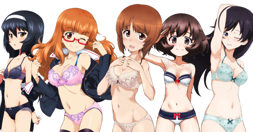 5girls akiyama_yukari armpit_crease black_eyes black_hair bra breasts brown_eyes brown_hair flat_chest girls_und_panzer glasses highres isuzu_hana kayabakoro large_breasts long_hair multiple_girls navel nishizumi_miho one_eye_closed ooarai_military_uniform orange_eyes orange_hair panties red_eyewear reizei_mako salute semi-rimless_eyewear short_hair small_breasts smile takebe_saori thighhighs underwear underwear_only white_background yellow_eyes