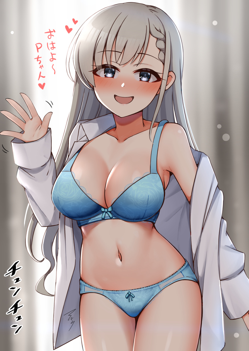 :d absurdres blue_bra blue_eyes blue_panties borrowed_garments bra breasts collarbone commentary_request curtains dress_shirt grey_hair heart highres hisakawa_hayate idolmaster idolmaster_cinderella_girls large_breasts long_hair mabanna midriff navel open_clothes open_shirt oversized_clothes panties shirt single_bare_shoulder smile translation_request underwear waving white_shirt