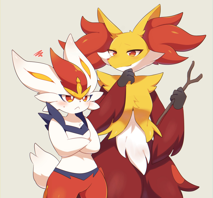 2022 absurd_res ambiguous_gender anthro blush bodily_fluids cinderace delphox duo fur generation_6_pokemon generation_8_pokemon hi_res nintendo pokemon pokemon_(species) subaru331 sweat sweatdrop video_games white_body white_fur yellow_body yellow_fur