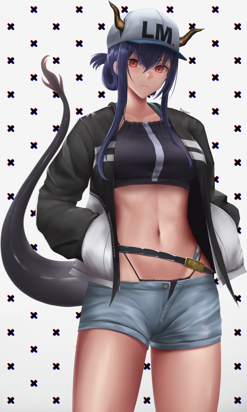 1girl absurdres arknights bangs baseball_cap belt bikini bikini_under_clothes black_bikini black_hair black_jacket blue_hair blue_shorts breasts ch'en_(arknights) ch'en_the_holungday_(arknights) closed_mouth cowboy_shot dragon_girl dragon_horns dragon_tail eko.art female_tourist_c_(arknights) folded_ponytail grey_shorts hands_in_pockets hat heart highres horns horns_through_headwear jacket large_breasts long_hair long_sleeves looking_at_viewer navel open_clothes open_fly open_jacket open_shorts patterned_background red_eyes short_shorts shorts sidelocks smile solo standing stomach swimsuit tail thighs white_headwear