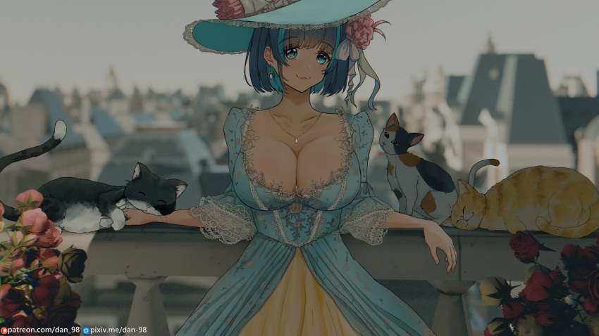 1girl alternate_costume artist_name azur_lane black_cat blue_dress blue_eyes blue_hair blue_headwear blurry blurry_background breasts cat cheshire_(azur_lane) dan-98 dress earrings grey_sky highres huge_breasts jewelry lace-trimmed_dress lace_trim multicolored_hair orange_cat short_hair solo streaked_hair two-tone_hair victorian