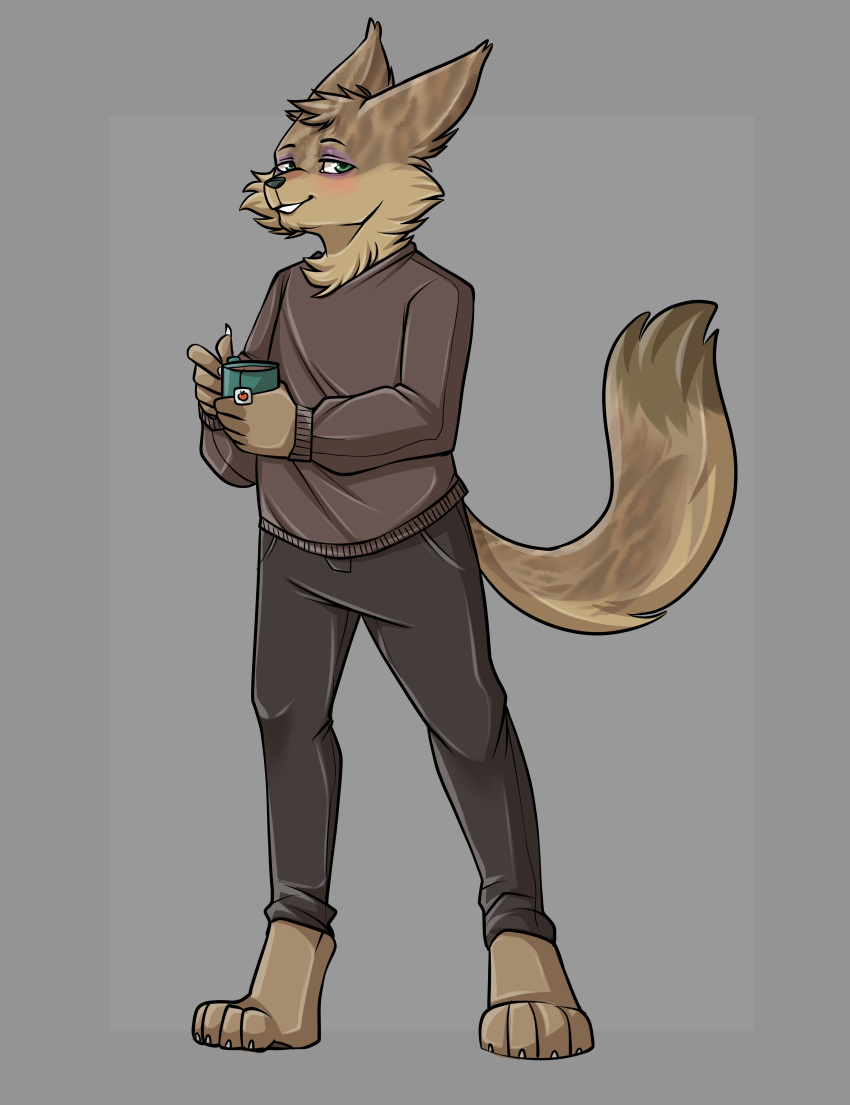 absurd_res anthro blush clothed clothing drinking_tea felid feline fully_clothed hi_res lynx male mammal marius_wenzel sabrinaaparicio simple_background solo sweatshirt tired_eyes