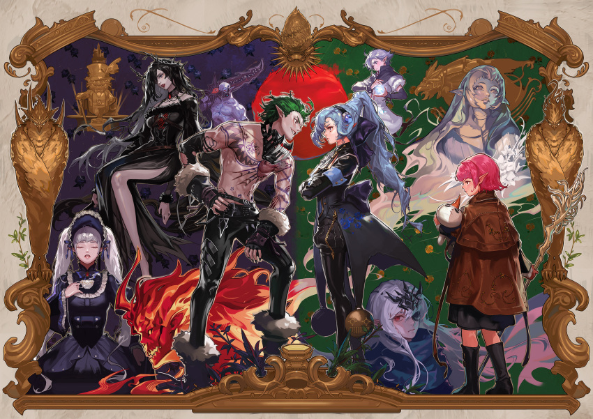 5boys 5girls bare_legs black_dress black_hair character_request crossed_arms demon dress dungeon_and_fighter gothic_lolita green_hair highres holding holding_stuffed_toy keto_cactus lolita_fashion multiple_boys multiple_girls niu_(dungeon_and_fighter) official_art pai_(dungeon_and_fighter) painting_(object) pants pink_hair ponytail scarf short_hair silver_luster_tagore stuffed_toy topless_male twintails white_hair zealous_dieuleve