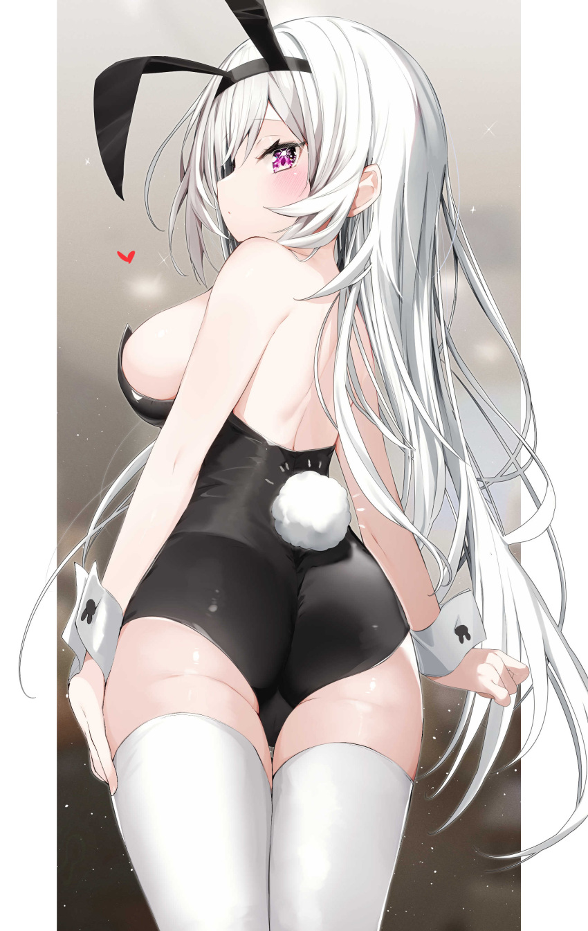 1girl absurdres animal_ears ass bangs bare_shoulders black_hairband black_leotard breasts bunny_symbol fake_animal_ears hairband heart highres kamioka_shun'ya large_breasts leotard long_hair purple_eyes rabbit_tail shiori_(kamioka_shun'ya) solo strapless strapless_leotard tail thighhighs thighs white_hair white_thighhighs white_wrist_cuffs