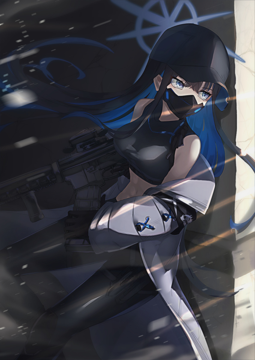 1girl absurdres armband assault_rifle bangs bare_shoulders baseball_cap belt black_belt black_gloves black_hair black_headwear black_mask black_pants black_shirt blue_archive blue_eyes breasts chest_harness clip_studio_paint_(medium) coat commentary_request completion_time covered_mouth crop_top e_buki gloves gun halo harness hat highres holding holding_gun holding_weapon holster knife_holster long_hair looking_to_the_side mask medium_breasts midriff mouth_mask navel off_shoulder pants rifle saori_(blue_archive) scope shirt sig_516 sig_sauer sleeveless sleeveless_shirt snap-fit_buckle solo thigh_holster weapon white_coat