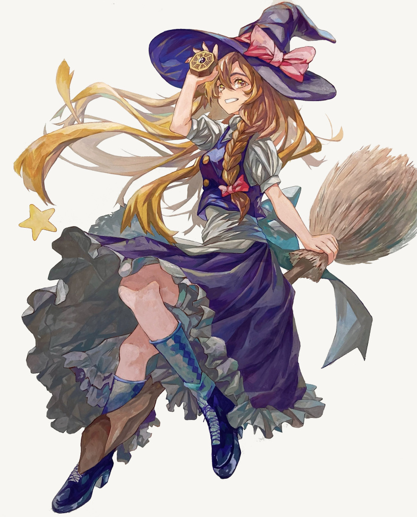 1girl absurdres apron bangs blonde_hair blue_footwear blue_headwear blue_skirt blue_socks blue_vest boots bow braid broom broom_riding commentary_request cross-laced_footwear frilled_skirt frills full_body grin hair_between_eyes hair_bow hand_up hat hat_bow highres kirisame_marisa long_hair mini-hakkero puffy_short_sleeves puffy_sleeves red_bow shirt short_sleeves single_braid skirt smile socks solo star_(symbol) touhou traditional_media uten_kkk vest white_apron white_shirt witch_hat yellow_eyes yin_yang