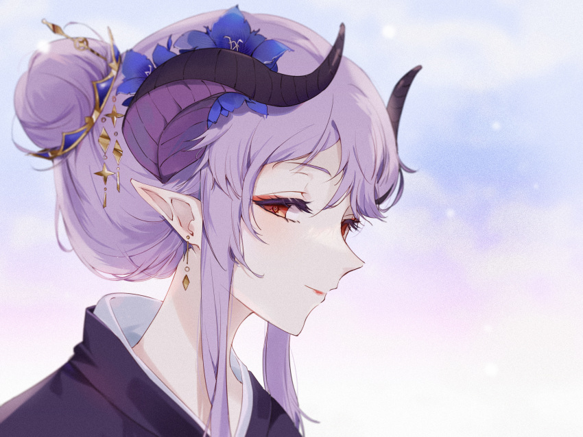 1girl alternate_hairstyle black_kimono close-up dragon_girl dragon_horns earrings flower hair_bun hair_flower hair_ornament highres homare_(princess_connect!) horns japanese_clothes jewelry kimono looking_at_viewer pointy_ears princess_connect! purple_hair qianlilingjiang red_eyes red_lips solo