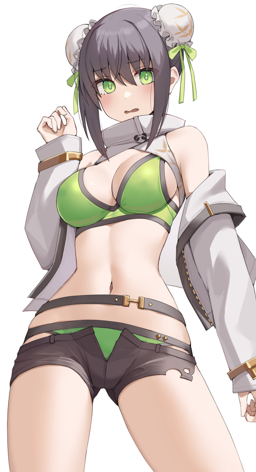 1girl absurdres bangs bare_shoulders belt bikini black_hair black_shorts breasts bun_cover cleavage collarbone double_bun fate/grand_order fate_(series) green_bikini green_eyes green_ribbon hair_bun hair_ribbon highres jacket kopaka_(karda_nui) large_breasts long_sleeves looking_at_viewer navel open_clothes open_jacket open_mouth qin_liangyu_(chainsaw_of_the_dead)_(fate) qin_liangyu_(fate) ribbon short_shorts shorts sidelocks solo swimsuit thighs white_jacket