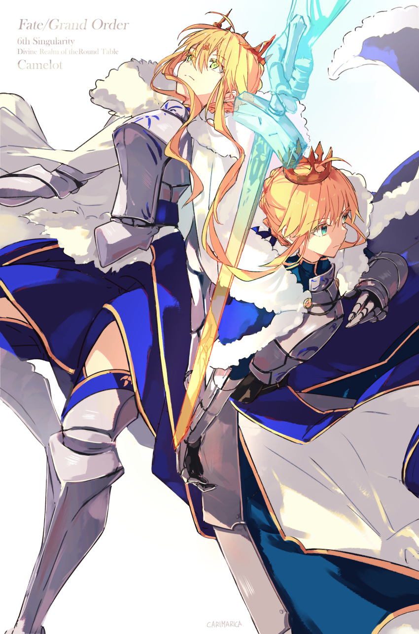 1girl absurdres ahoge armor armored_boots armored_dress artoria_pendragon_(fate) artoria_pendragon_(lancer)_(fate) bangs blonde_hair blue_dress blue_ribbon blue_thighhighs boots braid breastplate breasts cape carimarica crown dress excalibur_(fate/stay_night) fate/grand_order fate/stay_night fate_(series) faulds french_braid fur-trimmed_cape fur_trim gauntlets green_eyes hair_between_eyes hair_bun hair_ribbon highres juliet_sleeves large_breasts long_hair long_sleeves looking_at_viewer medium_breasts puffy_sleeves ribbon saber sidelocks sword thighhighs thighs weapon