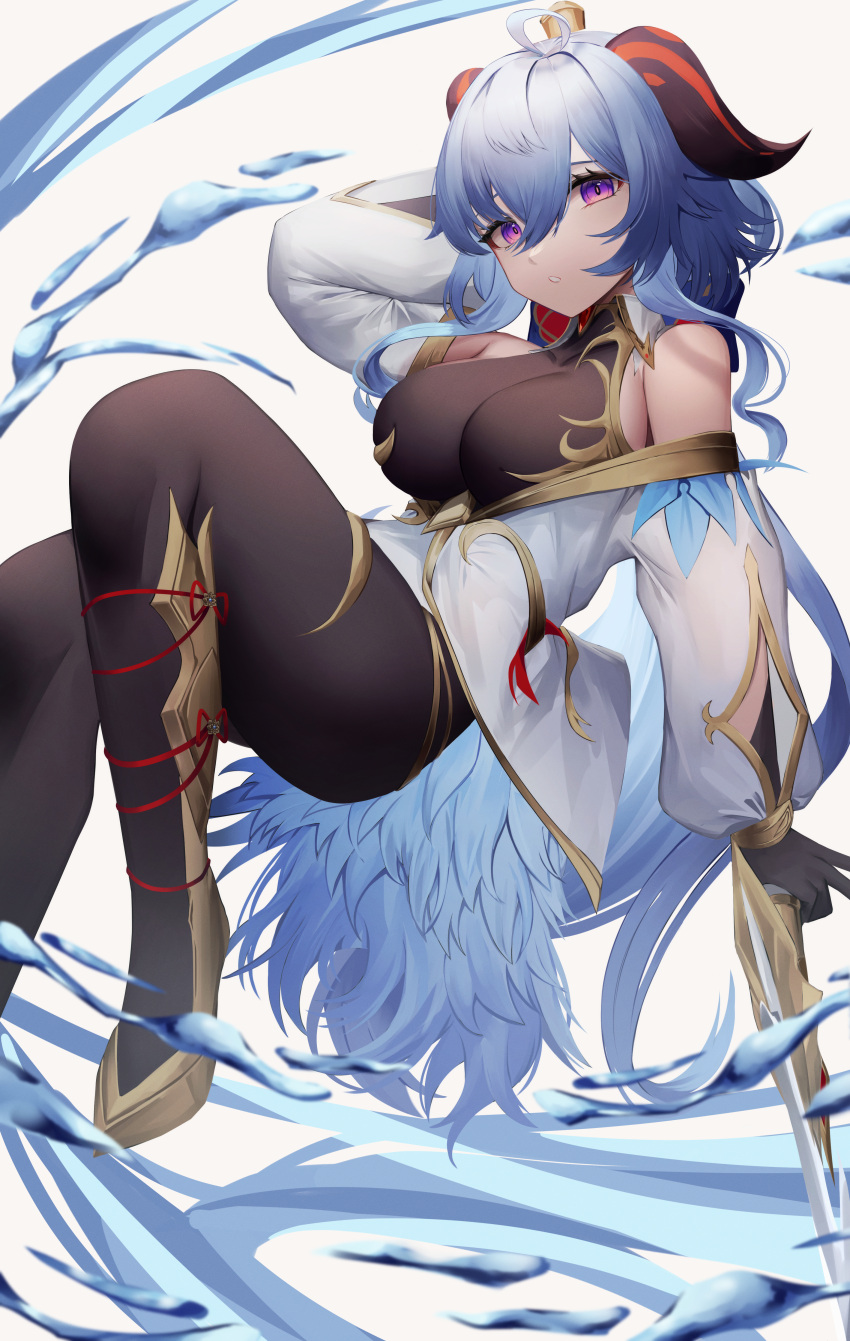 1girl absurdres ahoge arm_behind_head arm_up bangs blue_hair bodysuit breasts curled_horns ganyu_(genshin_impact) genshin_impact goat_horns gold_footwear gold_trim hair_between_eyes highres holding holding_weapon horns large_breasts long_hair looking_at_viewer mea_(hwaksal) parted_lips purple_eyes sidelocks solo very_long_hair wavy_hair weapon