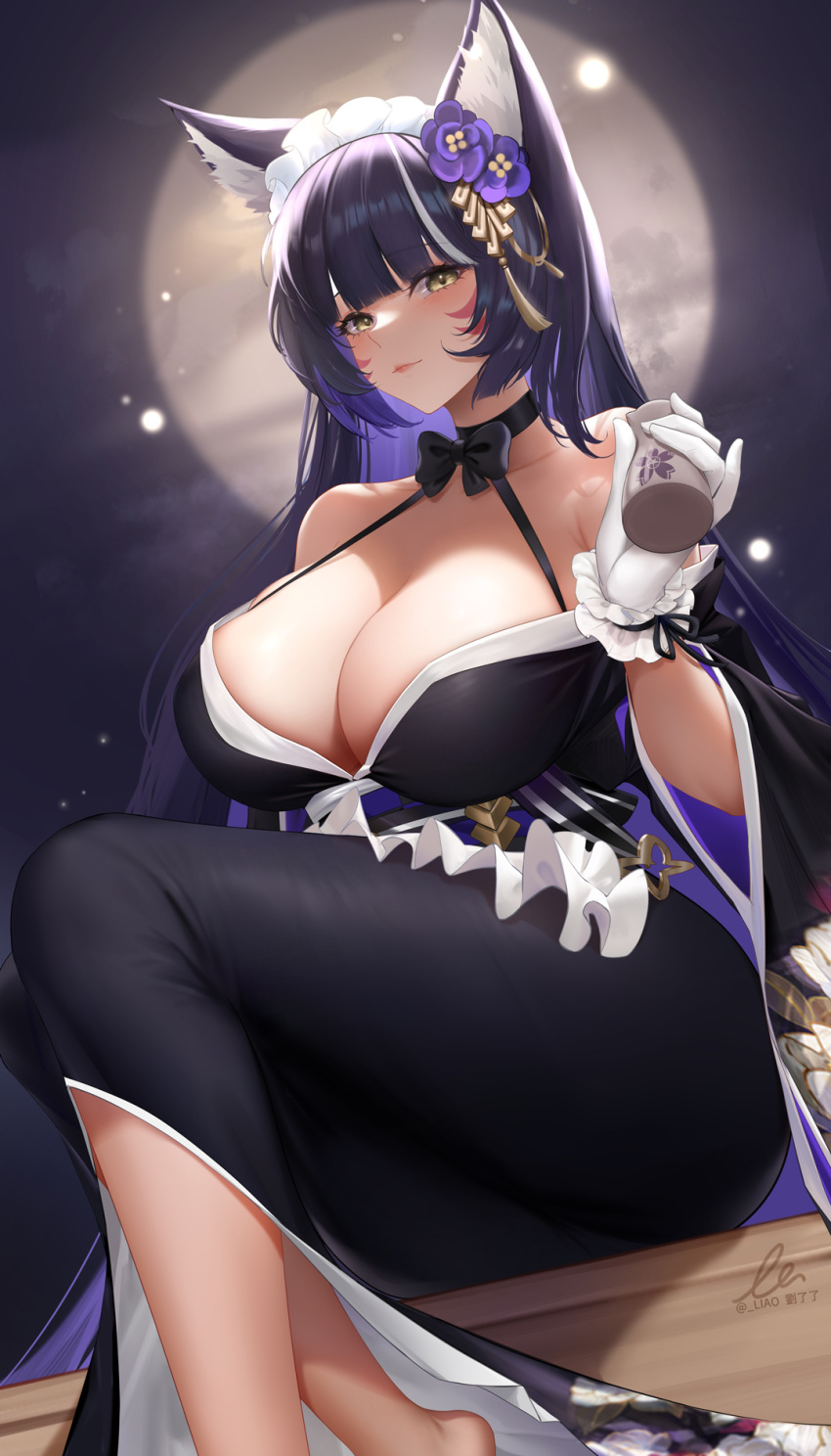 1girl animal_ear_fluff animal_ears azur_lane bangs bare_shoulders black_bow black_choker black_kimono blunt_bangs blush bow breasts choker cleavage closed_mouth feet_out_of_frame flower fox_ears full_moon gloves hair_flower hair_ornament highres holding japanese_clothes kimono large_breasts liu_liaoliao long_hair looking_at_viewer maid_headdress moon musashi_(azur_lane) musashi_(violet_moonglow)_(azur_lane) purple_flower purple_hair signature sitting solo twitter_username very_long_hair white_gloves wrist_cuffs yellow_eyes