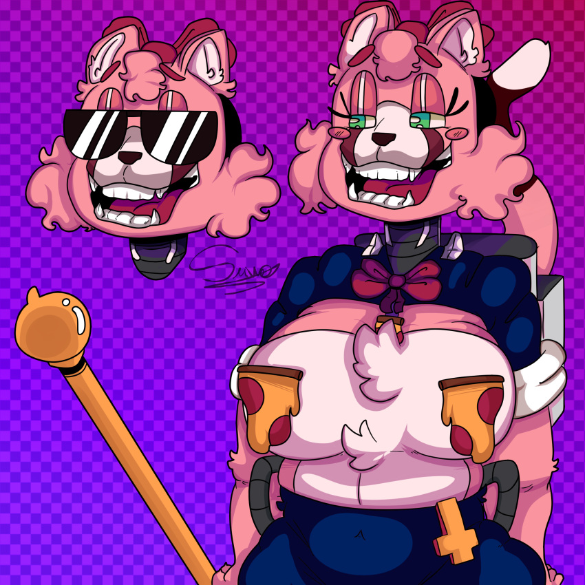 animal_humanoid animatronic anthro belly big_breasts bow_tie breasts cat_humanoid cat_tail clothed clothing covered_nipples cross crucifix digital_media_(artwork) eyelashes eyewear fangs felid felid_humanoid feline feline_humanoid female feral five_nights_at_freddy's food fur green_eyes hair half_clothed half_naked hi_res humanoid kitty_fazcat latex_clothing machine mammal mammal_humanoid metal open_mouth pink_body pink_hair pipes pizza pizza_box robot scottgames simple_background smile snout solo stick sunglasses suwo_director_(artist) suwodirector the_return_to_freddy's video_games wand white_body white_fur