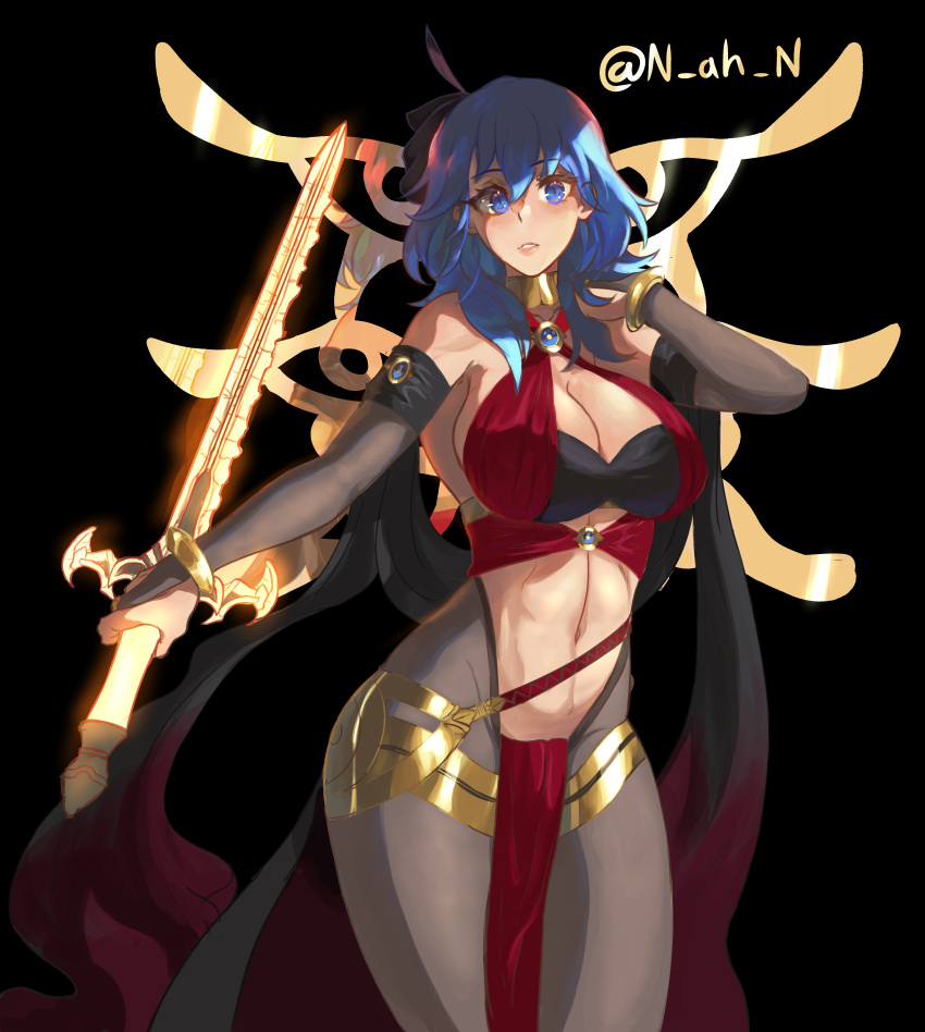 1girl absurdres alternate_costume armlet bangs bare_shoulders blue_eyes blue_hair blush bodystocking bodysuit bra bracelet breasts bridal_gauntlets bridal_legwear byleth_(fire_emblem) byleth_(fire_emblem)_(female) cleavage clothing_cutout collar cosplay curvy dancer detached_sleeves dorothea_arnault dorothea_arnault_(cosplay) eyes_of_grima feather_hair_ornament feathers fire_emblem fire_emblem:_three_houses fire_emblem_heroes gold_choker gold_trim hair_between_eyes hair_ornament hand_in_own_hair highres jewelry large_breasts loincloth long_hair looking_at_viewer midriff n_ah_n navel navel_cutout open_mouth pantyhose revealing_clothes see-through see-through_legwear see-through_sleeves simple_background solo sword_of_the_creator thighs underwear wide_hips