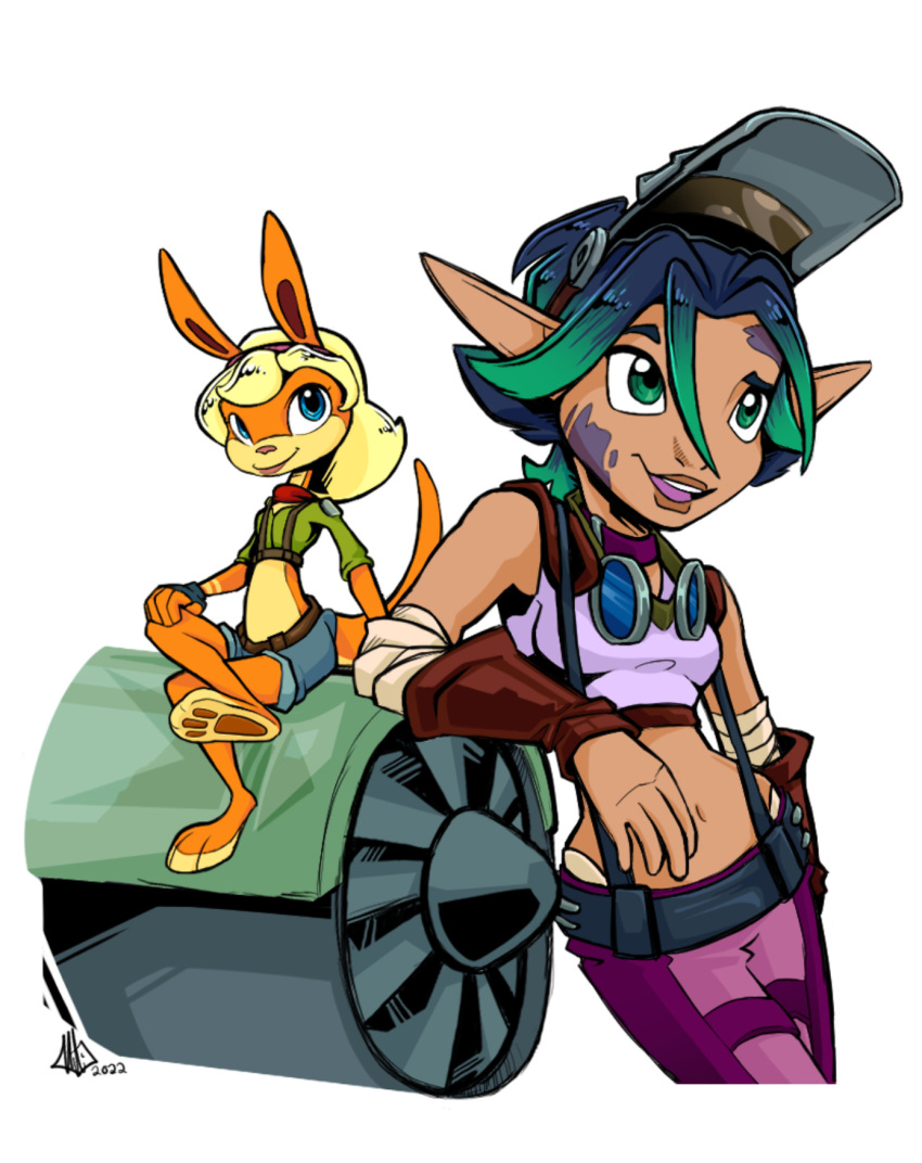 anthro blonde_hair blue_eyes blue_hair digital_media_(artwork) duo eyewear face_shield female fur goggles goggles_around_neck green_eyes hair hi_res human humanoid_pointy_ears jackajoke jak_and_daxter keira_(jak_and_daxter) mammal mask mustelid naughty_dog oil_stain orange_body orange_fur ottsel pawpads paws semi-anthro simple_background sony_corporation sony_interactive_entertainment technology tess_(jak_and_daxter) video_games white_background