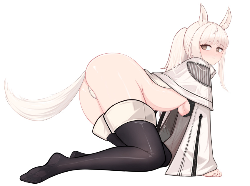 1girl all_fours animal_ears arknights ass bangs black_thighhighs blunt_bangs blush boxz_(buxuanzhen) breasts brown_eyes closed_mouth from_side full_body highres horse_ears horse_girl long_hair long_sleeves looking_to_the_side medium_breasts no_pants no_shoes panties platinum_(arknights) ponytail sidelocks simple_background smile solo sports_bra thighhighs underboob underwear white_background white_hair white_panties wide_sleeves