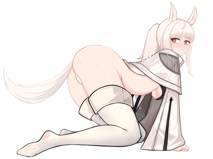 1girl all_fours animal_ears arknights ass bangs blunt_bangs blush boxz_(buxuanzhen) breasts brown_eyes closed_mouth from_side full_body highres horse_ears horse_girl long_hair long_sleeves looking_to_the_side medium_breasts no_pants no_shoes panties platinum_(arknights) ponytail sidelocks simple_background smile solo sports_bra thighhighs underboob underwear white_background white_hair white_panties white_thighhighs wide_sleeves
