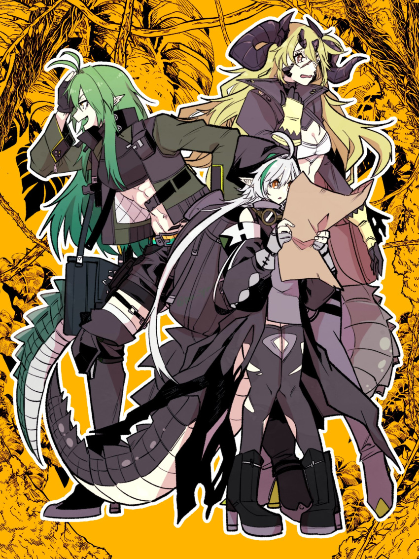 3girls :d ahoge antenna_hair arknights bag ban_syou bare_shoulders black_footwear black_gloves black_shirt black_shorts black_thighhighs blonde_hair boots breasts brown_eyes cleavage crocodilian_tail crop_top detached_sleeves estelle_(arknights) fingerless_gloves full_body gavial_(arknights) gavial_(combat_medic)_(arknights) gloves goggles goggles_around_neck green_hair green_jacket grey_gloves grey_pants high_heel_boots high_heels highres holding hood hood_up horns jacket knee_boots long_hair long_sleeves map multiple_girls navel official_alternate_costume open_clothes open_jacket open_mouth orange_eyes outline pants partially_fingerless_gloves pointy_ears scales scar scar_on_face shirt shorts shoulder_bag sidelocks smile standing tail thigh_boots thighhighs tomimi_(arknights) toned torn_thighhighs v-shaped_eyebrows very_long_hair white_hair white_outline yellow_eyes yellow_gloves