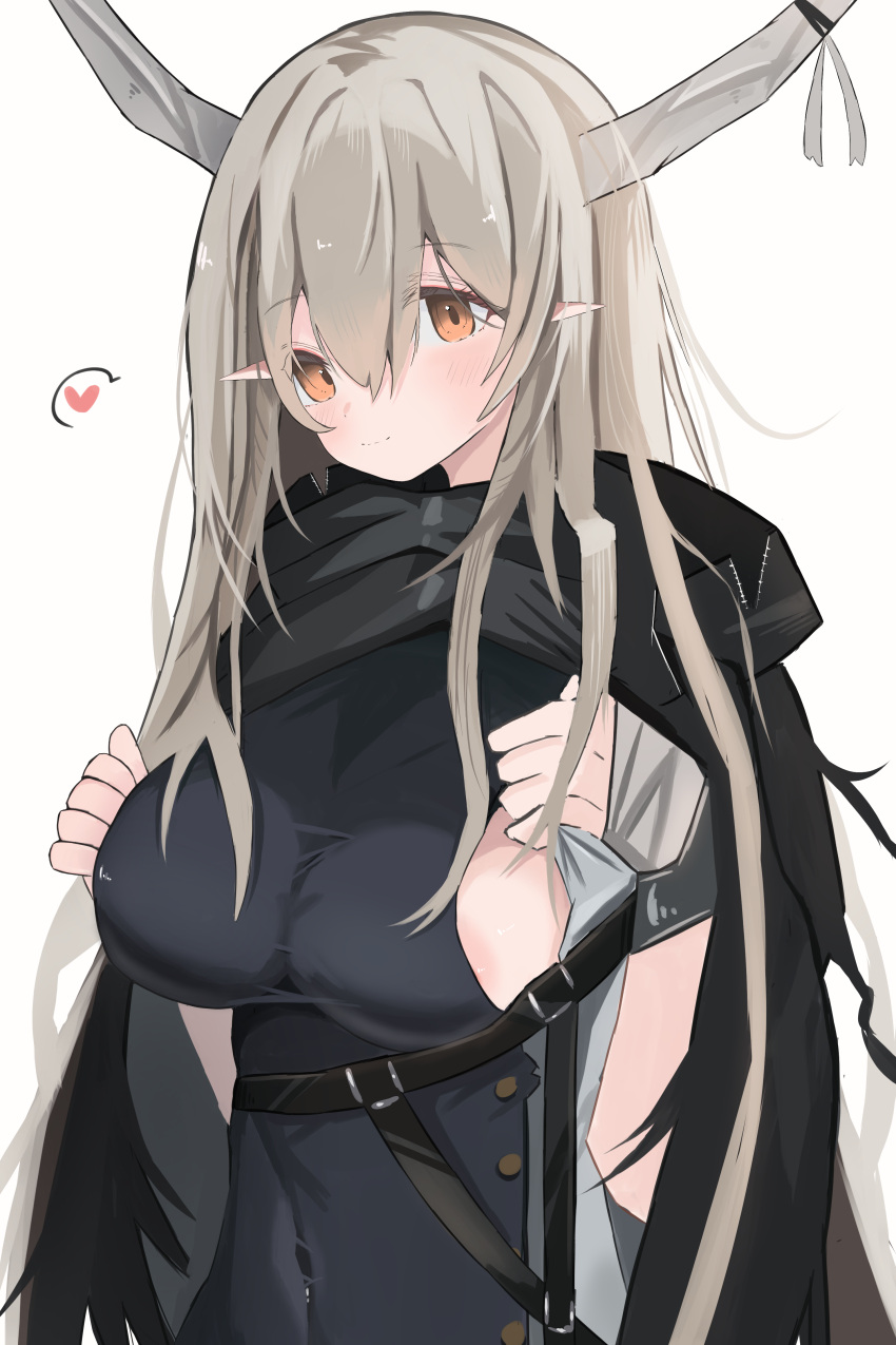 1girl absurdres areola_slip arknights bangs black_dress blush breasts cloak closed_mouth covered_navel dress grey_hair heart highres horns large_breasts long_hair looking_at_viewer nui_(nuinui0300) orange_eyes pointy_ears shining_(arknights) simple_background smile solo spoken_heart upper_body very_long_hair white_background