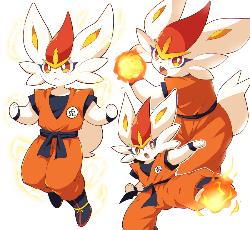 2022 absurd_res ambiguous_gender anthro blush cinderace clothed clothing cosplay crossover crossover_cosplay dragon_ball fur generation_8_pokemon goku hi_res looking_at_viewer nintendo pokemon pokemon_(species) solo subaru331 video_games white_body white_fur