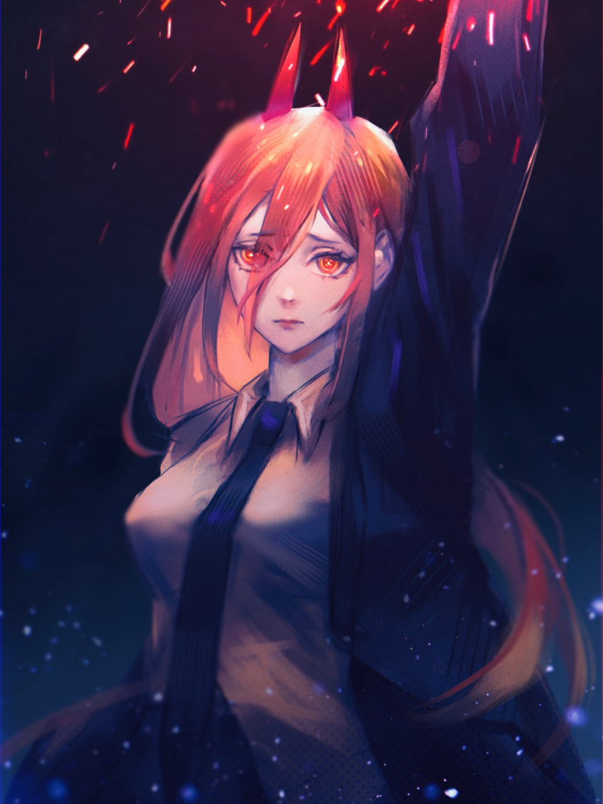 1girl arcane:_league_of_legends arm_up bangs black_background black_necktie breasts chainsaw_man collared_shirt cross-shaped_pupils flare hair_between_eyes highres horns jacket kozzz_y league_of_legends long_hair looking_at_viewer medium_breasts necktie orange_hair power_(chainsaw_man) red_eyes red_horns sad scene_reference shirt simple_background solo white_shirt