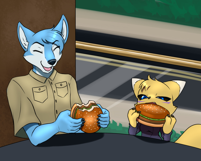 5:4 anthro bandai_namco bite blue_body blue_eyes blue_fur burger canid canine canis clothing collared_shirt dark_sclera digimon digimon_(species) dipstick_ears dress_shirt duo eating eating_food eyes_closed facial_markings female food frost_wolf fur furball_(artist) furniture glass head_markings holding_food holding_object hybrid impmon laugh male mammal markings multicolored_ears open_mouth renamon renimpmon shirt short_stack street table topwear window wolf yakizu_asaki yellow_body yellow_fur