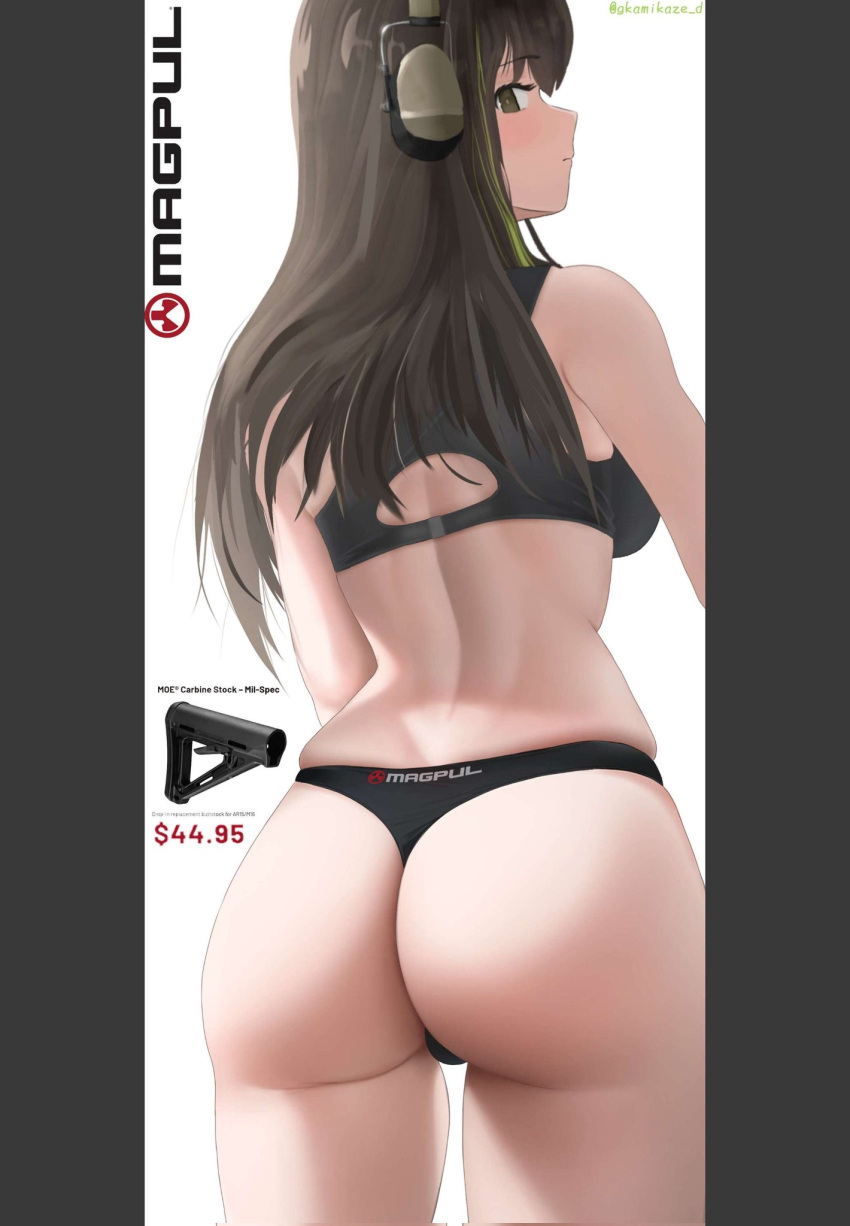 1girl ass ass_focus bangs bare_shoulders black_bra black_underwear bra brown_eyes brown_hair closed_mouth cowboy_shot dgkamikaze dollar_sign english_commentary expressionless from_behind girls'_frontline green_hair grey_background headphones highres long_hair looking_at_viewer looking_back m4a1_(girls'_frontline) magpul multicolored_hair price simple_background solo streaked_hair thong twitter_username two-tone_background underwear white_background
