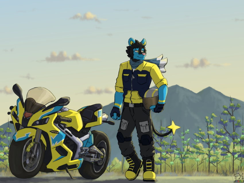 2019 4:3 5_fingers anthro armor backlighting baggy_clothing black_body black_fur black_hair blue_body blue_fur boots clothing cloudscape detailed_background fingers footwear fur generation_4_pokemon gloves hair handwear head_tuft headgear helmet holding_armor holding_headgear holding_helmet holding_object jacket knee_pads light lighting long_tail looking_away luxio male motorcycle motorcycle_helmet mountain nintendo pink_nose plant pokemon pokemon_(species) sammfeatblueheart scarf signature sky solo star star_tail sunset topwear tree tuft vehicle video_games yellow_eyes yellow_tail_tip