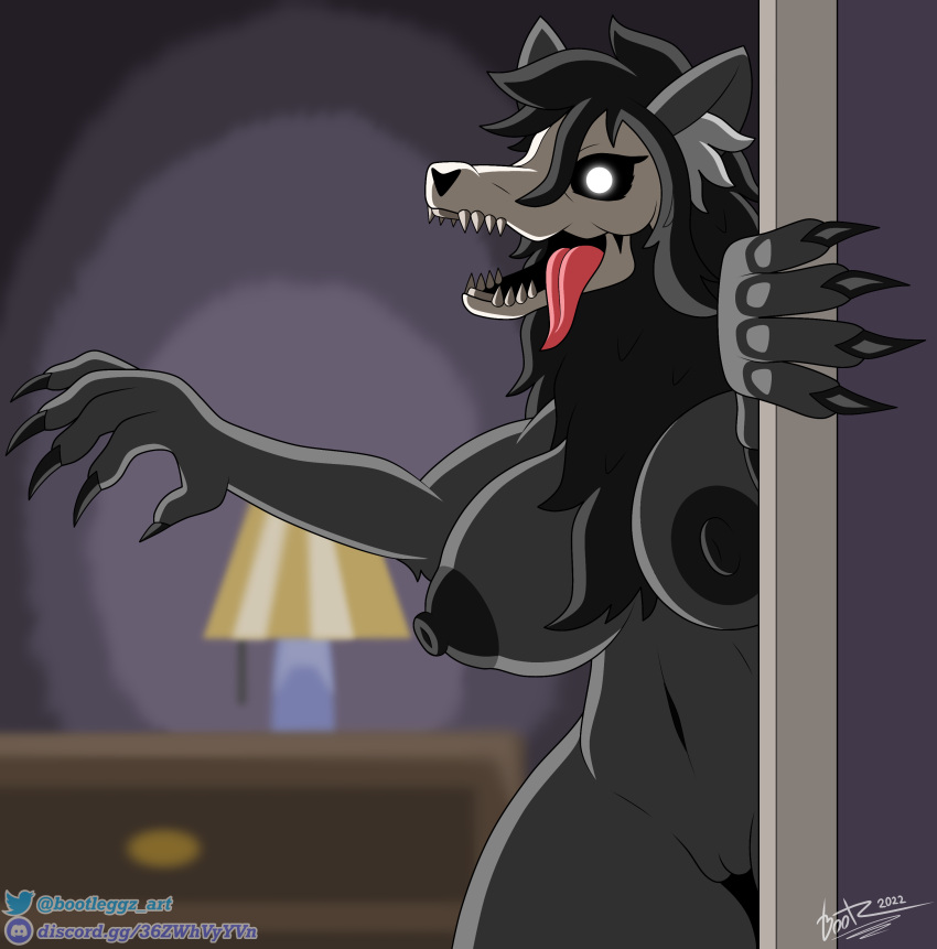 2022 5_fingers absurd_res anthro areola big_breasts black_body black_fur bone bootleggz breasts canid canine canis cel_shading claws detailed_background digital_media_(artwork) dresser eyelashes fangs featureless_eyes female fingers fur furniture genitals hair hallway hi_res inner_ear_fluff inside lamp looking_at_viewer malo mammal monster navel nipples nude open_mouth pussy scary scp-1471 scp-1471-a scp_foundation shaded signature skull skull_head solo solo_focus teeth thick_thighs tongue tongue_out tuft undead video_games
