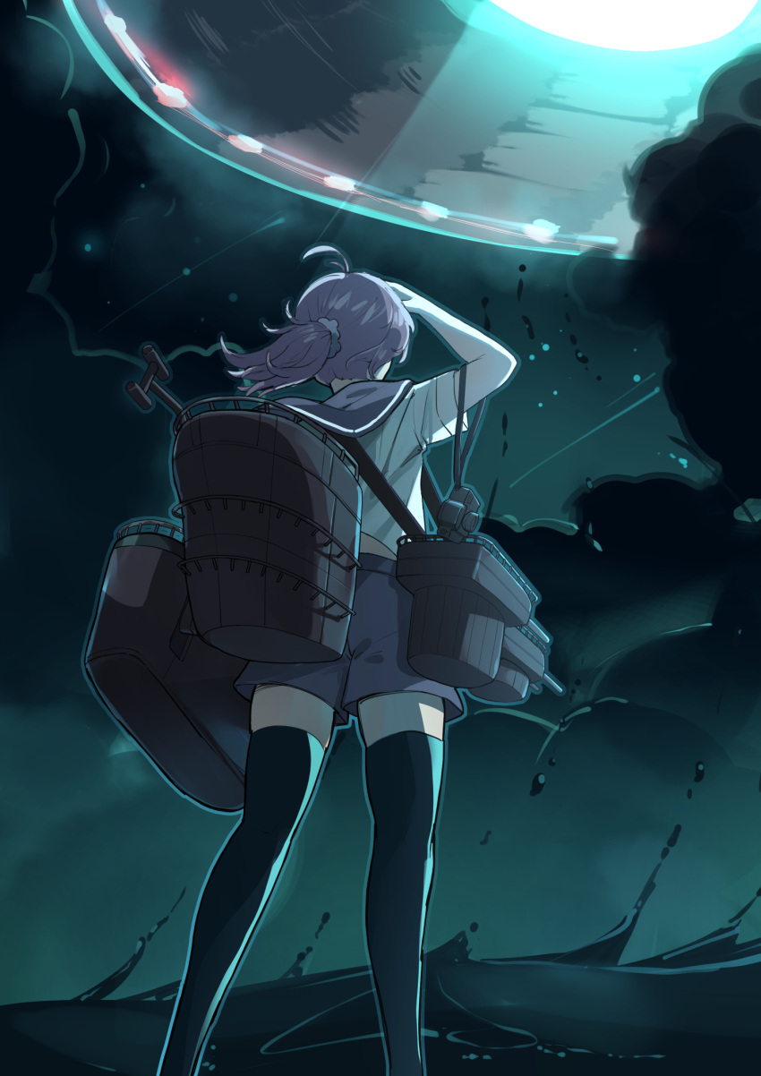 1girl aoba_(kancolle) black_thighhighs blue_sailor_collar blue_shorts cloud cloudy_sky commentary_request dark_clouds feet_out_of_frame from_behind grey_sky highres kantai_collection machinery ocean osananajimi_neko ponytail purple_hair sailor_collar sailor_shirt scrunchie shirt shorts sky solo standing standing_on_liquid thighhighs ufo water white_shirt