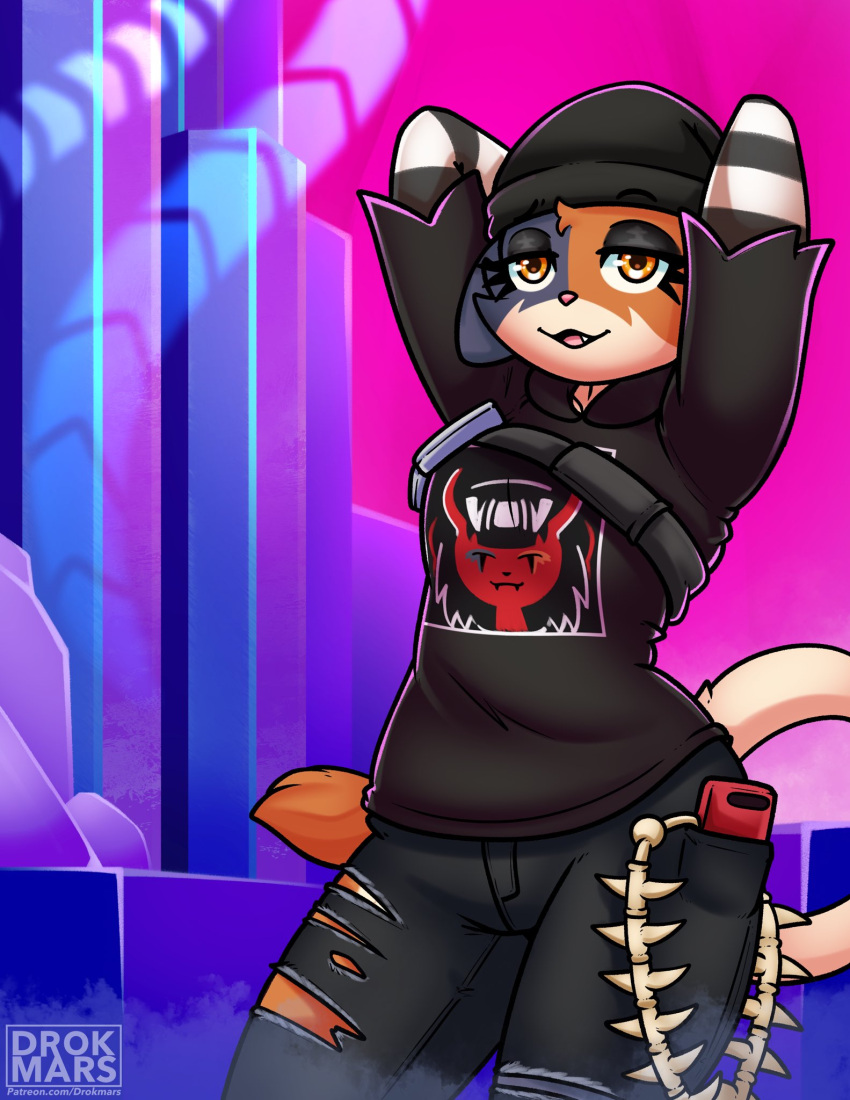 2022 anthro armwear black_clothing black_hoodie black_topwear blue_bottomwear blue_clothing blue_pants bottomwear calico_cat canister cellphone clothing domestic_cat drokmars epic_games felid feline felis female fortnite fur hands_behind_head hi_res hoodie mammal meow_skulls_(fortnite) mottled multicolored_body multicolored_fur open_mouth pants patreon pattern_armwear pattern_clothing phone piebald sardine_tin sleeves smartphone solo striped_armwear striped_clothing stripes text topwear torn_clothing url video_games watermark