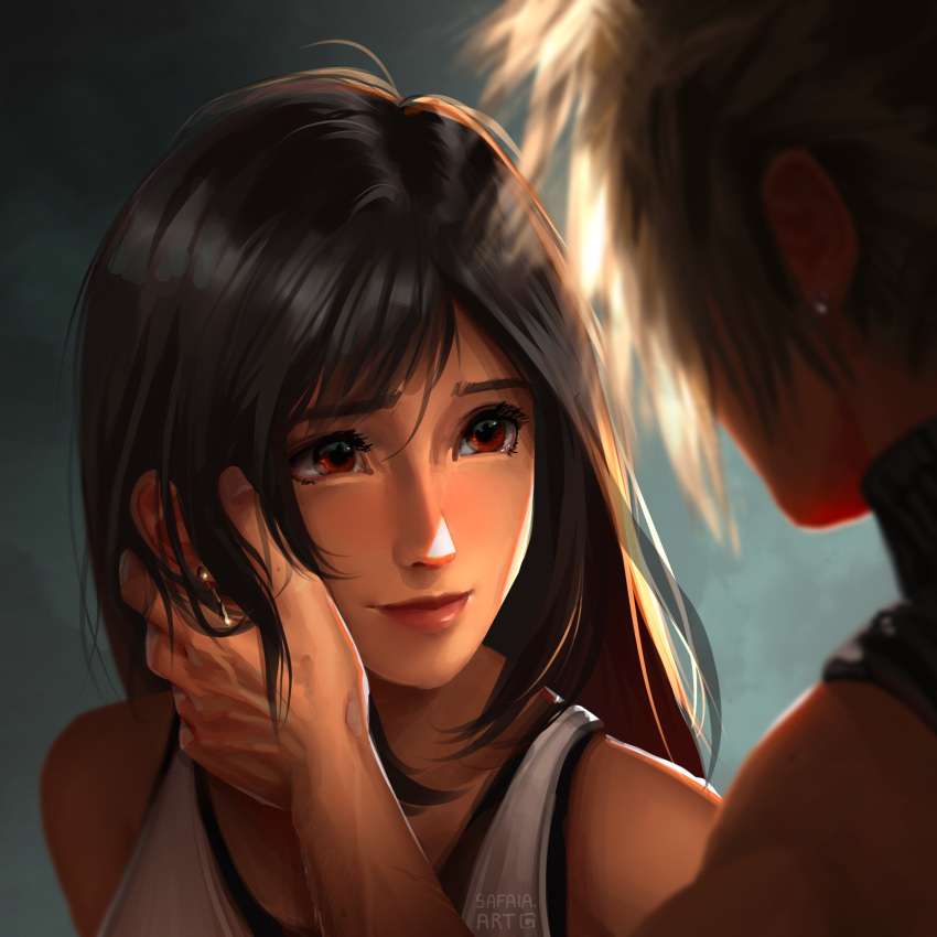 1boy 1girl absurdres bare_shoulders black_hair blonde_hair caress cloud_strife earrings final_fantasy final_fantasy_vii final_fantasy_vii_remake hand_on_another's_face highres jewelry lips long_hair looking_at_another red_eyes safaiaart smile spiked_hair tank_top tifa_lockhart upper_body white_tank_top