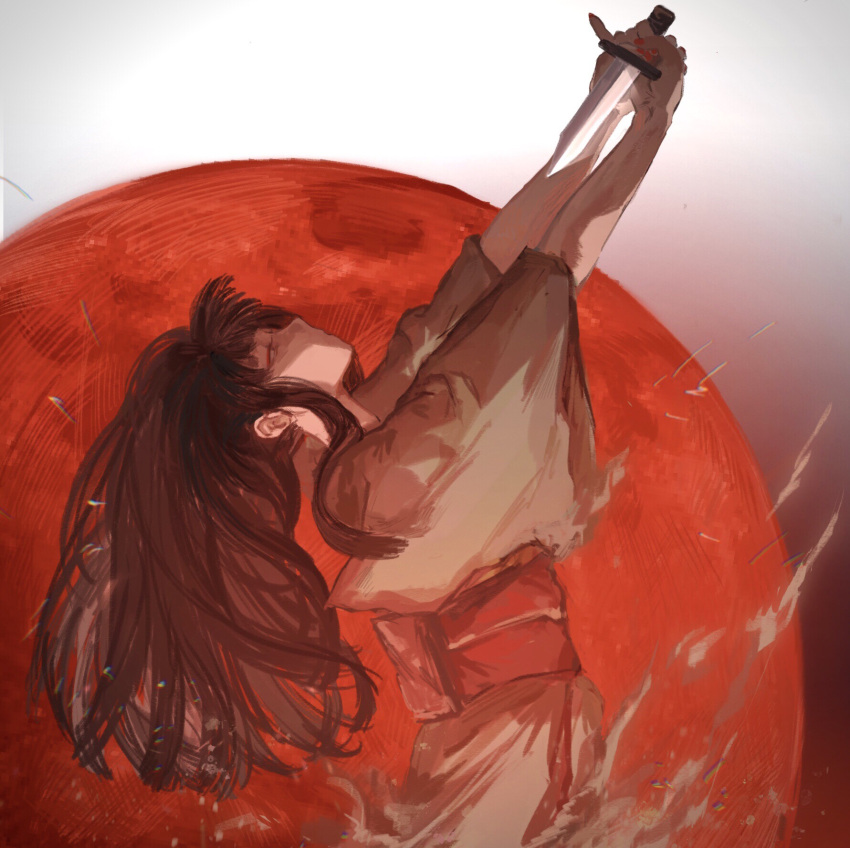 1girl bangs black_hair brown_kimono dissolving expressionless eyeshadow final_fantasy final_fantasy_xiv from_side gradient gradient_background half-closed_eyes highres holding holding_knife hyur imminent_suicide japanese_clothes kimono knife leaning_back long_hair makeup moon obi obiage outstretched_arms own_hands_together profile red_background red_eyeshadow red_moon red_nails sash solo standing suicide torso382 two-tone_background upper_body white_background wide_sleeves yotsuyu_goe_brutus