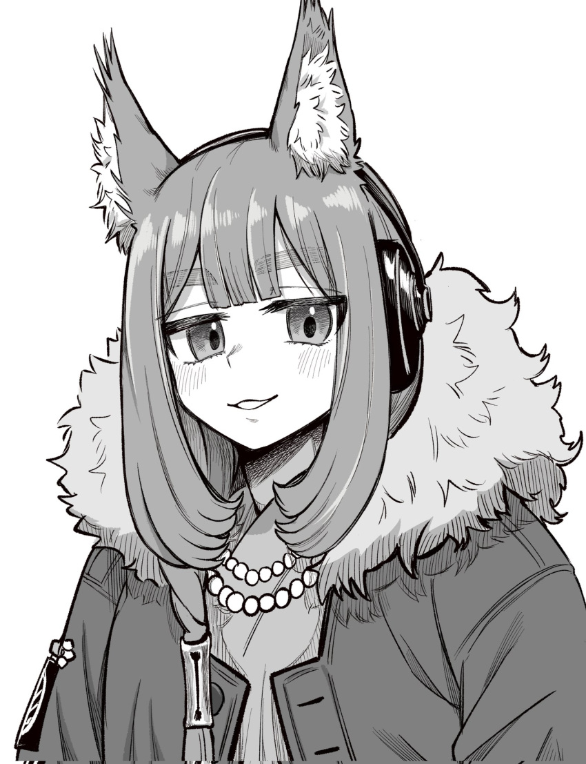 1girl animal_ear_fluff animal_ears arknights bokiboki333 fur-trimmed_jacket fur_trim greyscale headphones highres jacket jewelry long_hair long_sleeves looking_at_viewer monochrome necklace open_clothes open_jacket pearl_necklace ratatos_browntail_(arknights) shirt simple_background solo squirrel_ears squirrel_girl thick_eyebrows upper_body white_background