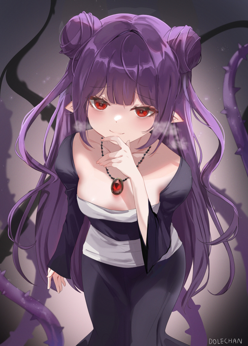 1girl absurdres black_skirt breasts closed_mouth collarbone commission dolechan dungeon_and_fighter gem highres jewelry long_hair long_skirt long_sleeves looking_at_viewer necklace pixiv_request plant pointy_ears purple_hair red_eyes red_gemstone shiny shiny_hair skirt small_breasts smile solo very_long_hair vines