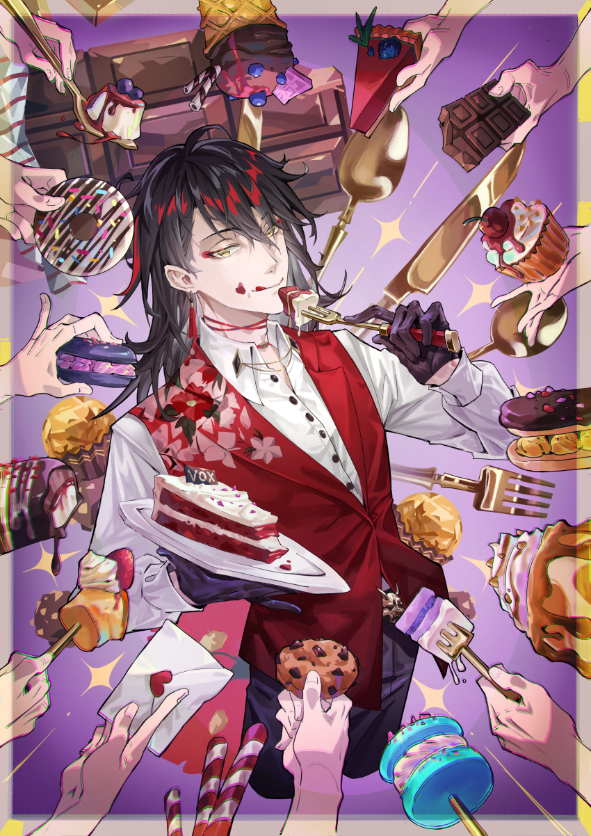 1boy absurdres bangs black_gloves black_hair black_pants cake cake_slice character_name chinese_commentary chocolate closed_mouth commentary cookie cupcake doughnut dress_shirt earrings floral_print food food_on_face fork gloves gradient gradient_background highres holding holding_chocolate holding_cookie holding_food holding_fork holding_letter holding_plate ice_cream jewelry knife letter long_hair long_sleeves looking_at_viewer love_letter luxiem male_focus medium_hair mochimachi multicolored_hair multiple_hands nijisanji nijisanji_en pants pie pie_slice plate print_vest purple_background red_eyeliner red_hair red_vest shirt smile solo spoon tassel tassel_earrings tongue tongue_out vest virtual_youtuber vox_akuma white_shirt yellow_eyes
