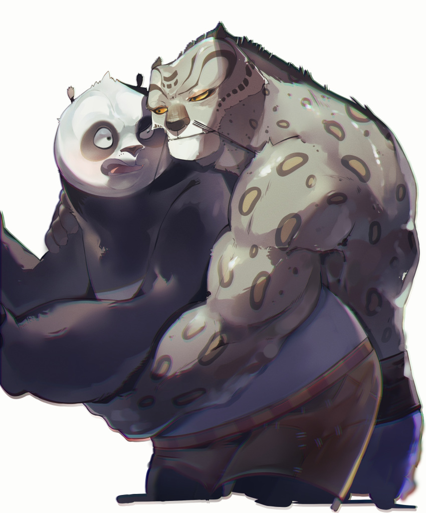 2022 absurd_res anthro belly black_body black_nose blush bottomwear clothing dreamworks duo embrace felid giant_panda hi_res hug hugging_from_behind humanoid_hands kemono kung_fu_panda ma5ka4nai male mammal master_po_ping overweight pantherine shorts snow_leopard tai_lung_(kung_fu_panda) ursid white_body