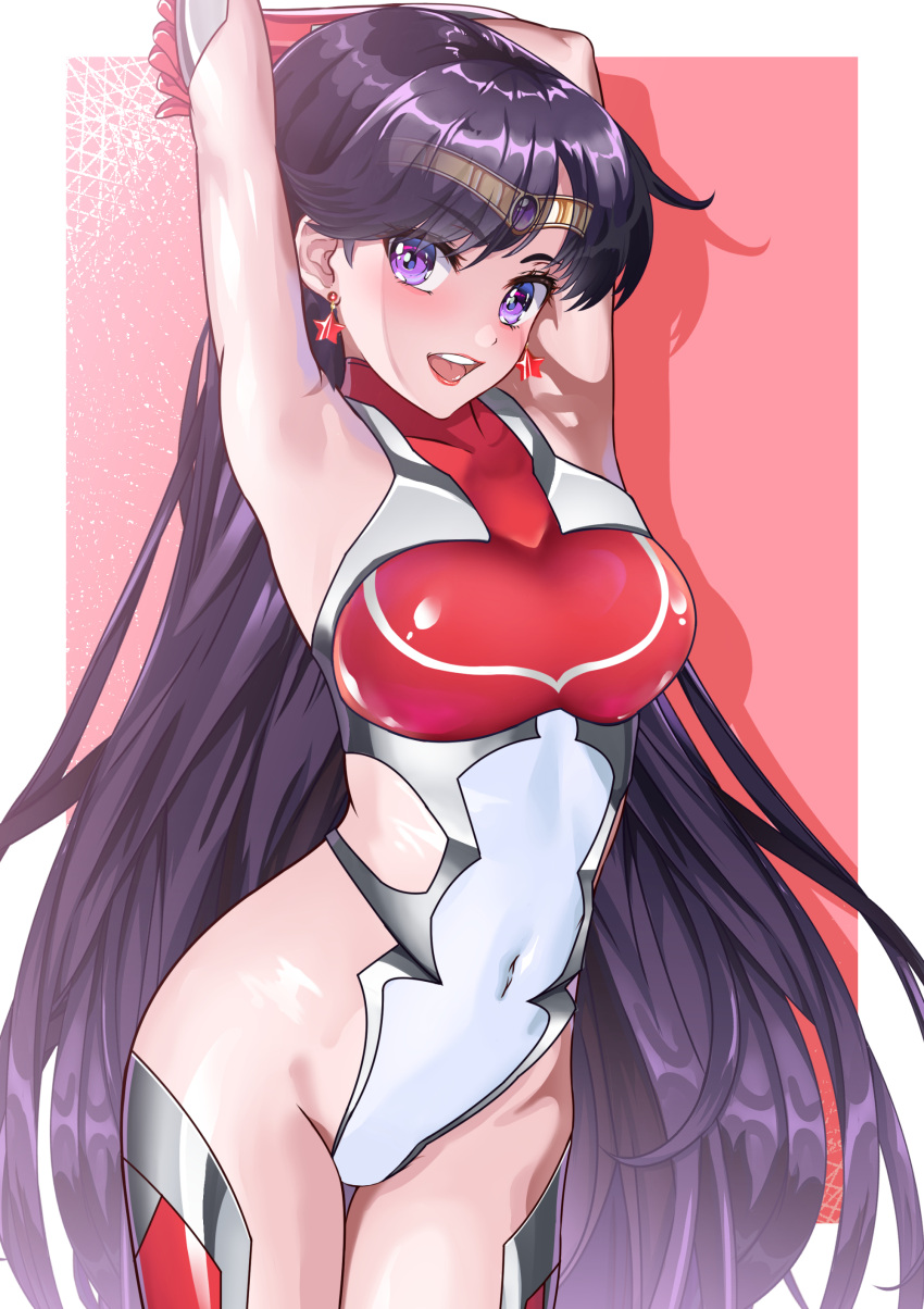 1girl :d absurdres arched_back arion_canvas armored_leotard armpits arms_up bishoujo_senshi_sailor_moon black_hair circlet covered_navel cowboy_shot earrings gloves highleg highleg_leotard highres jewelry leotard long_hair looking_at_viewer open_mouth purple_eyes red_gloves red_lips sailor_mars shiny shiny_hair smile solo standing star_(symbol) star_earrings taimanin_(series) taimanin_suit thigh_gap very_long_hair white_leotard