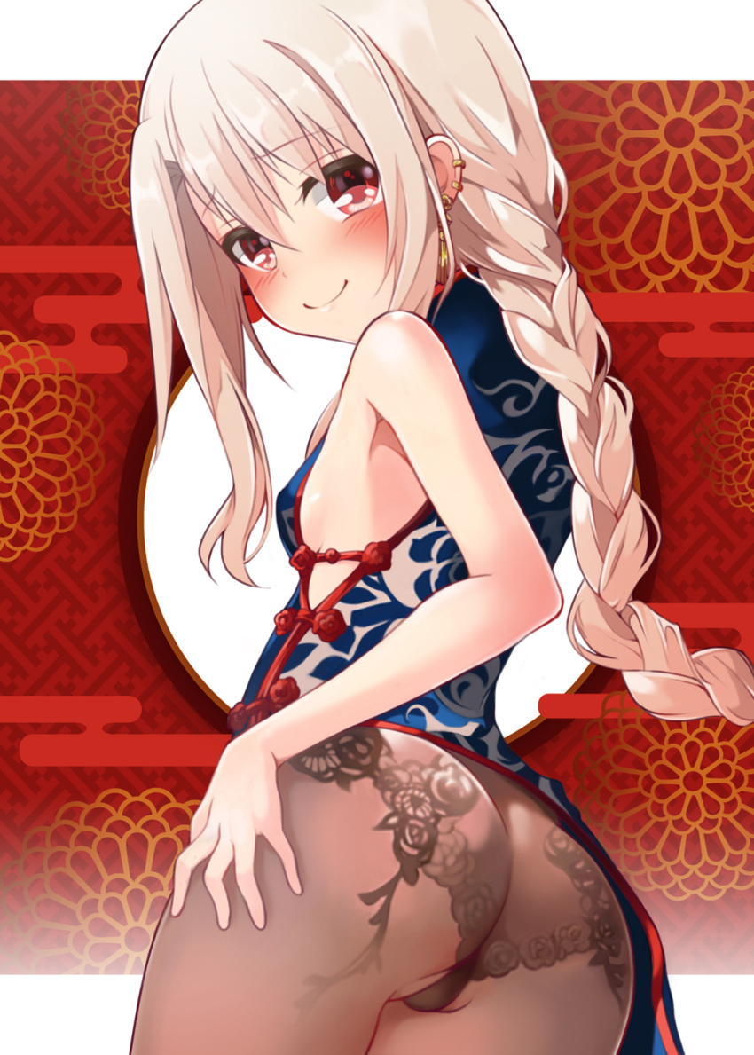 1girl ass back bangs bare_shoulders blue_dress blush braid braided_ponytail breasts brown_pantyhose china_dress chinese_clothes cosplay dress earrings embroidered_legwear fate/grand_order fate/kaleid_liner_prisma_illya fate_(series) hair_between_eyes highres illyasviel_von_einzbern jewelry long_hair looking_at_viewer looking_back mochi_(k620803n) panties panties_under_pantyhose pantyhose red_eyes sidelocks small_breasts smile solo tassel tassel_earrings underwear white_hair yu_mei-ren_(fate) yu_mei-ren_(fate)_(cosplay) yu_mei-ren_(spare_the_idle_talk)_(fate)