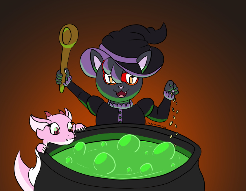 black_body black_fur cauldron cloe_(pixiecatsupreme) food fur hi_res magic_user pixiecatsupreme smile soup witch