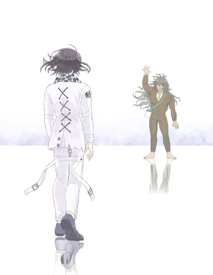 2boys :d ametant arm_up bangs barefoot black_footwear brown_hair brown_jacket brown_pants checkered_clothes checkered_scarf closed_eyes collared_shirt danganronpa_(series) danganronpa_v3:_killing_harmony facing_another facing_away from_behind gokuhara_gonta green_necktie highres insect_cage jacket long_hair long_sleeves messy_hair multiple_boys necktie ouma_kokichi pants reflection scarf shiny shiny_hair shirt shoes smile waving white_jacket white_pants white_shirt