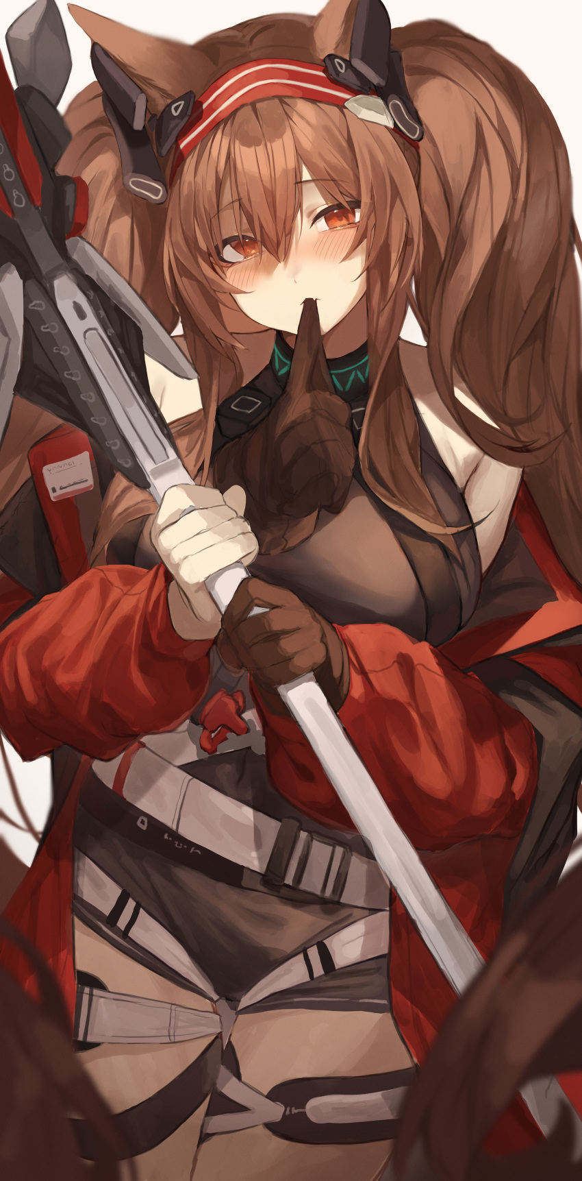1girl absurdres angelina_(arknights) angelina_(distinguished_visitor)_(arknights) animal_ears arknights black_bodysuit black_gloves bodysuit brown_hair coat cowboy_shot earpiece fox_ears fox_girl glove_in_mouth gloves gloves_removed hair_between_eyes hairband highres holding holding_staff mouth_hold off_shoulder official_alternate_costume open_clothes open_coat red_coat red_eyes red_hairband ryu_(yanagi) simple_background single_glove solo staff striped striped_hairband twintails white_background