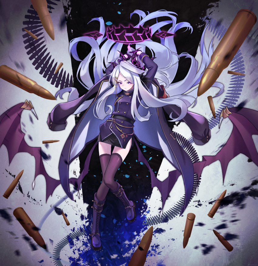 1girl absurdres aiguillette ammunition_belt arms_up bangs belt black_belt black_skirt black_thighhighs blue_archive boots bullet closed_mouth coat coat_on_shoulders demon_horns demon_wings floating_hair full_body gloves hair_ornament hairclip halo highres hina_(blue_archive) horns jacket knees_together_feet_apart long_hair long_sleeves looking_at_viewer military military_jacket military_uniform motion_blur multiple_horns parted_bangs pencil_skirt purple_coat purple_eyes purple_footwear purple_jacket rakura_(rakurax) skirt solo thighhighs uniform very_long_hair white_hair wings