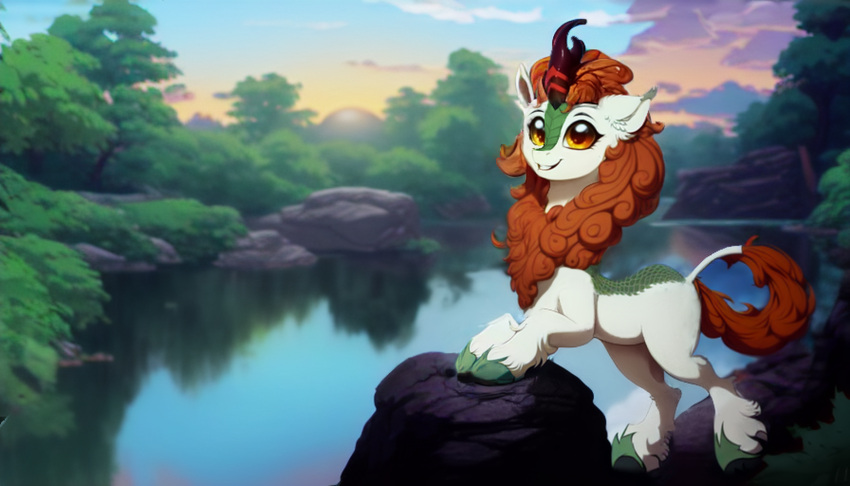 7:4 asian_mythology autumn_blaze_(mlp) chinese_mythology digital_media_(artwork) ear_tuft east_asian_mythology eyelashes female feral friendship_is_magic fur green_body green_scales hasbro hi_res hooves horn inner_ear_fluff kirin long_tail looking_at_viewer mane my_little_pony mythology nature orange_mane orange_tail outside paracompact plant red_horn rock scales smile solo tree tuft white_body white_fur yellow_eyes