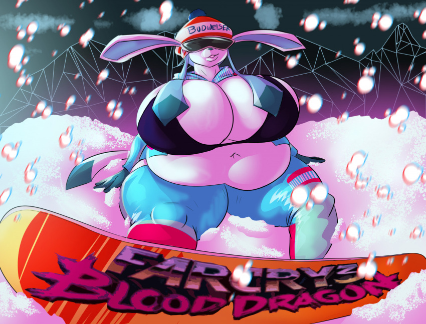 anthro ashley_(sandslash) big_breasts breasts cleavage clothed clothing eeveelution far_cry far_cry_3 far_cry_3:_blood_dragon female fully_clothed generation_4_pokemon glaceon huge_breasts navel nintendo overweight overweight_female pokemon pokemon_(species) snow snowboard solo thebigbadwolf01 thick_thighs ubisoft video_games