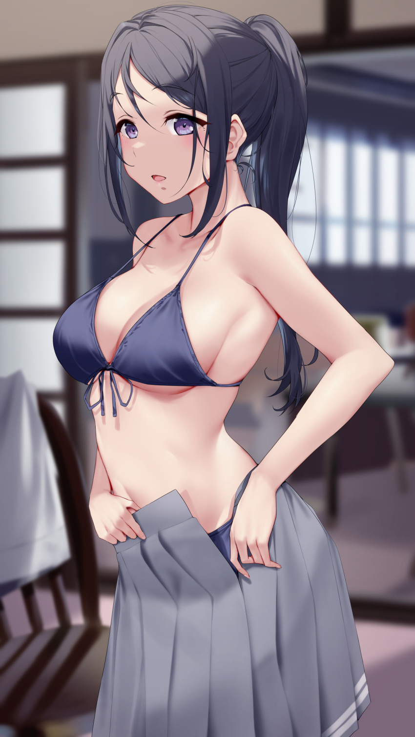 1girl absurdres bangs black_bra black_hair black_panties blurry blurry_background blush bra breasts collarbone commentary_request grey_skirt hair_between_eyes highres indoors long_hair looking_at_viewer love_live! love_live!_sunshine!! matsuura_kanan medium_breasts navel open_mouth panties parted_bangs pleated_skirt ponytail purple_eyes shirt shirt_removed sideboob sidelocks skirt solo standing underboob underwear undressing white_shirt yamaori_(yamaorimon)