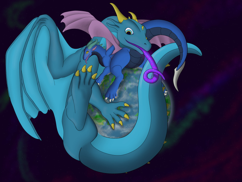 4:3 4_toes absurd_res blue_body dragon duo embrace endarkuauc_(uzuru) feet feral giga hi_res hug macro membrane_(anatomy) membranous_wings nystemy_(artist) nystemy_(character) planet size_difference space thick_tail toes tongue tongue_out wings
