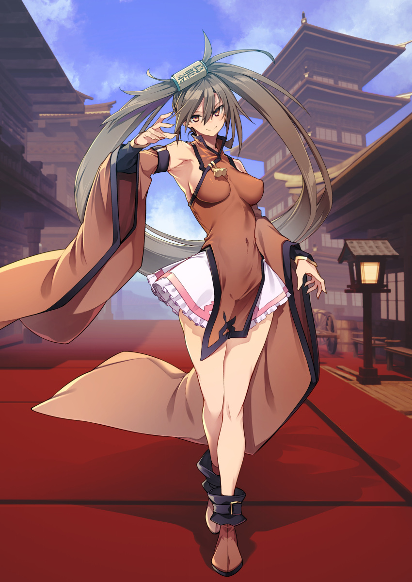 10mo 1girl absurdres armpits bangs bare_shoulders blue_sky blush boots breasts brown_eyes brown_hair china_dress chinese_clothes closed_mouth cloud cloudy_sky commentary_request covered_navel day dress fingernails frills full_body guilty_gear guilty_gear_xrd hair_ornament hand_up head_tilt highres kuradoberi_jam long_hair looking_at_viewer medium_breasts outdoors pelvic_curtain shadow shiny shiny_hair simple_background skirt sky sleeveless smile solo standing thighs wide_sleeves