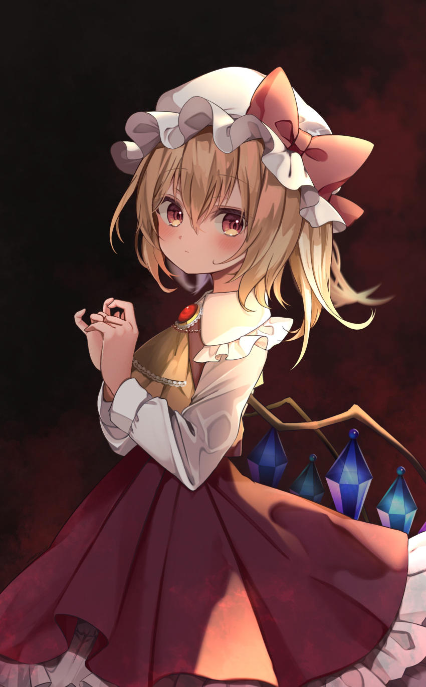 1girl :| absurdres ascot bangs blonde_hair blurry blush bow brooch closed_mouth collared_shirt cowboy_shot crystal dark dark_background depth_of_field fidgeting flandre_scarlet frilled_shirt_collar frills from_side gem hair_between_eyes hands_up hat hat_bow high-waist_skirt highres index_fingers_together jewelry long_bangs long_hair long_sleeves looking_at_viewer looking_to_the_side low_wings mob_cap one_side_up own_hands_together petticoat pleated_skirt puffy_long_sleeves puffy_sleeves red_background red_bow red_eyes red_gemstone red_skirt red_vest shirt skirt skirt_set sleeve_cuffs solo standing touhou vest vignetting w_arms white_headwear white_shirt wing_collar wings yellow_ascot yuineko